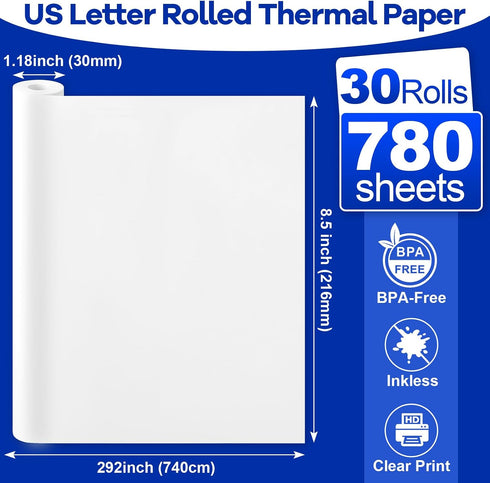 TUXIYA 30 8.5"x11" 780 Rolls Thermal Printer Paper US Letter Size, BPA free Quick-Dry Thermal Paper,Thermal Printing