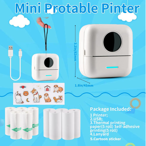 HuiJuKeJi Mini Sticker Printer, Bluetooth Smart Pocket Inkless Thermal Printer with 11 Rolls Thermal Paper for iOS &