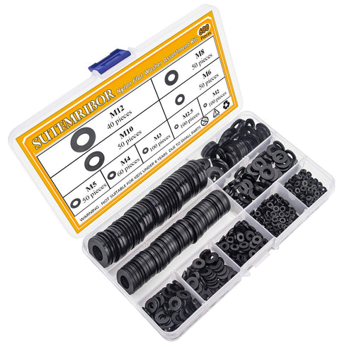 Nylon Flat Washer Assortment Set, 600 Pieces in 9 Sizes - M2 to M12, Black