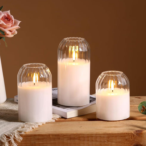 Set 3 Clear Glass Flameless Candles with Remote, Flickering LED Pillar Candles Battery Powered Ribbed Dome Top