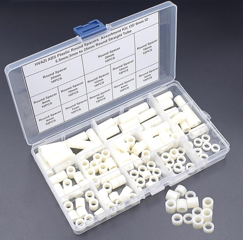 OD 9mm ID 5.5mm ABS Plastic Round Spacers Assortment Kit - Wall Plate spacers for M5 Screws, Lengths from 3mm to 25mm