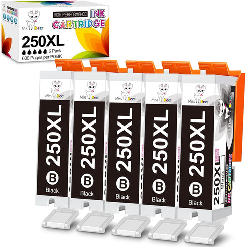 Miss Deer 5-Pack Compatible 250 PGBK Ink Cartridges Replacement for Canon PGI-250XL High Yield