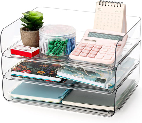 Okllen 3 Pack Stackable Paper Trays, Clear PET Desk Letter Tray Set, 3 Tier Organizer for A4 Paper, Magazine, Receipts