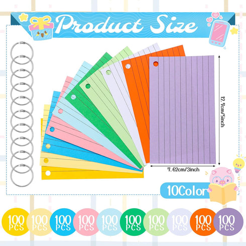 SHENLIU 1000PCS 3x5 Inches Colored Index Cards, Flash Cards with Ring, Lined on Both Side Notecards Ruled Study Card