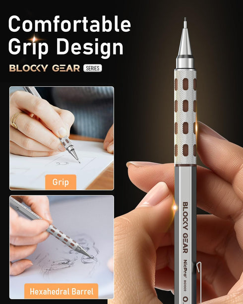 Nicpro Blocky Gear 0.3 mm Mechanical Pencils Set with Case, Metal Pencil, Lead Refills, Eraser for Drawing