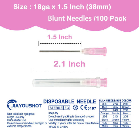 100Pack-18ga 1.5inch(38mm)Dispensing Blunt Needles,Individual Package of Injection Syringe Accessories with Luer Lock,Suitable for Refilling Liquid, Inks,Livestock and Industry