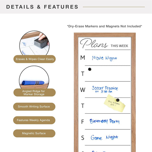 MCS 14x30 Walnut Framed Dry Erase Weekly Planner Whiteboard for Wall, Family Weekly Planner for Events