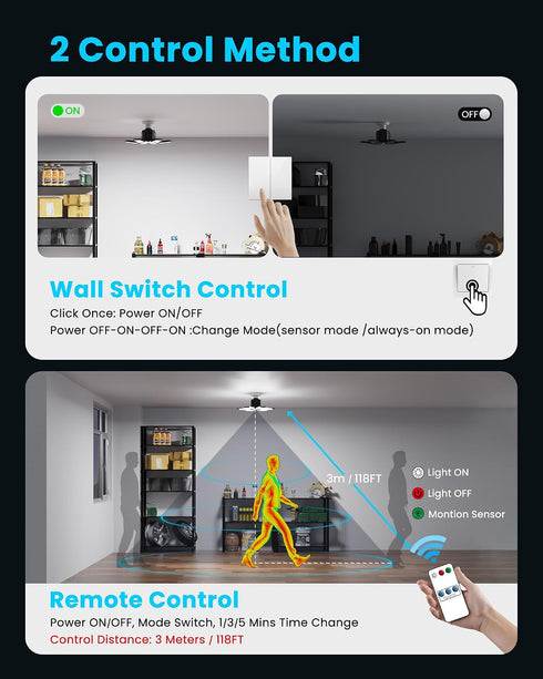200W 20000LM, Setting 6500K Bulb Motion Sensor Garage Light Deformable LED Sensing Shop Lighting with Timer - Bright