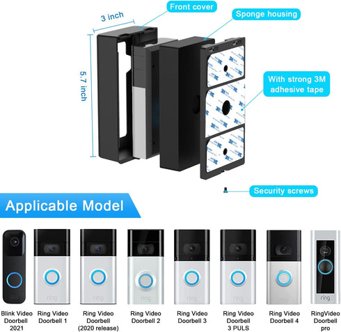 Adhesive Mount Compatible with Video Doorbell, No-Drill Mounting Bracket Cover Holder, Not Block Doorbell Sensor