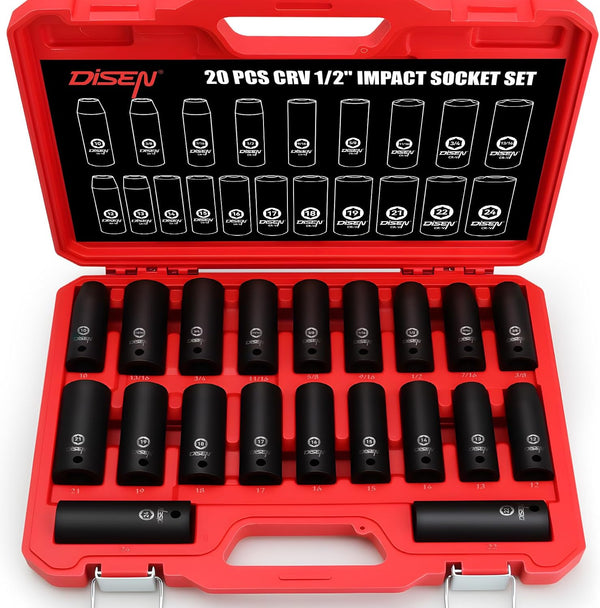 DISEN 20PCS 1/2" Impact Socket Set, Deep Sockets SAE 13/16"-3/8" & Metric