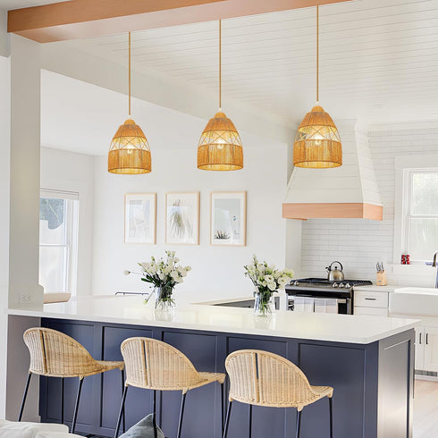 Boho Rattan Pendant Light Kitchen Island,Farmhouse Chandeliers Adjustable Height Hanging lamp for Dining Room,Kitchen