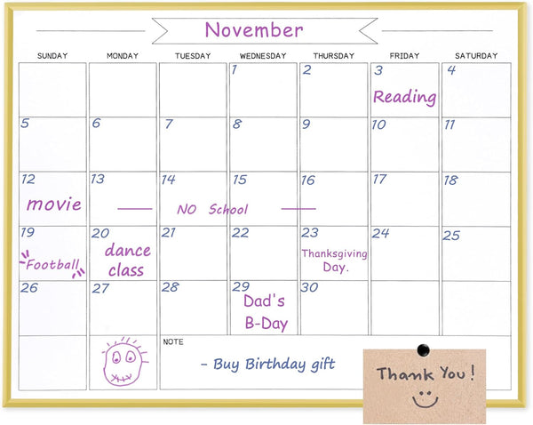 Dry Erase Monthly Calendar Whiteboard, 13"x 17" Gold Aluminum Frame, Magnetic White Board for Wall, Office, School, Home