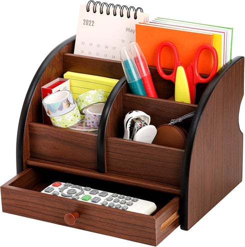 Foraineam Wooden Desk Organizer with Drawer - Remote Control Holder Caddy and Makeup Organizers for Home Office Storage