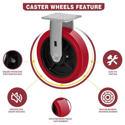8"X2" Heavy Duty Casters, Polyurethane Caster Wheel, Load Capacity 1000lbs, Non-Marking for Laboratories