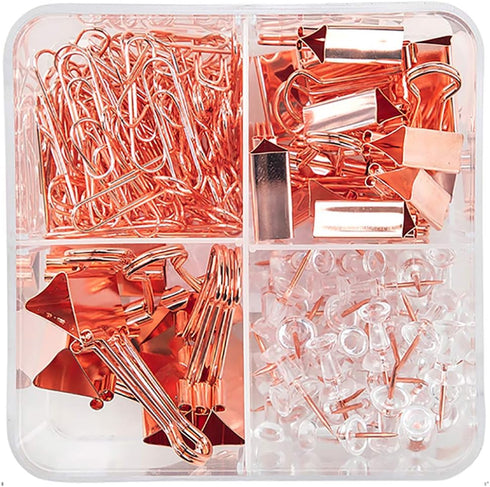 Binder Clips Paper Clips Push Pins Sets with Box for Office, School and Home Supplies (Rose Gold)