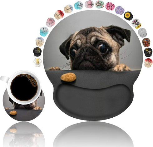 Ergonomic Mouse Pad with Cute Pug Wrist Support, Large Non-Slip PU Base for Home Office Gaming