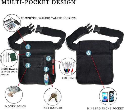 Server Waist Pouch, Black Server Aprons Short Canvas Pocket Apron Restaurant Aprons with Pockets Adjustable Belt