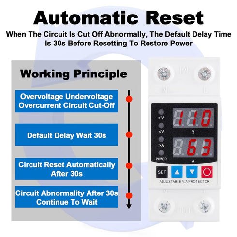 Smart Circuit Breaker with Energy Monitoring, Adjustable 1-63 Amp AC110V DC85-300V Over/Under Voltage Protection