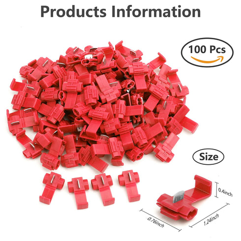 100pcs Solderless Quick Splice Snap Wire Connectors, 22-18 AWG Red Cold Pressed Insulated Electric Crimp