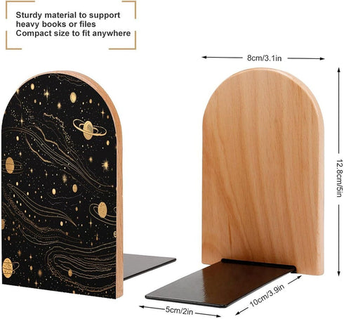 FodPand Gold and Silver Space Themed Wood Bookends Decorative Non-Slip Bookends Heavy Duty Book Ends Modern Book Ends