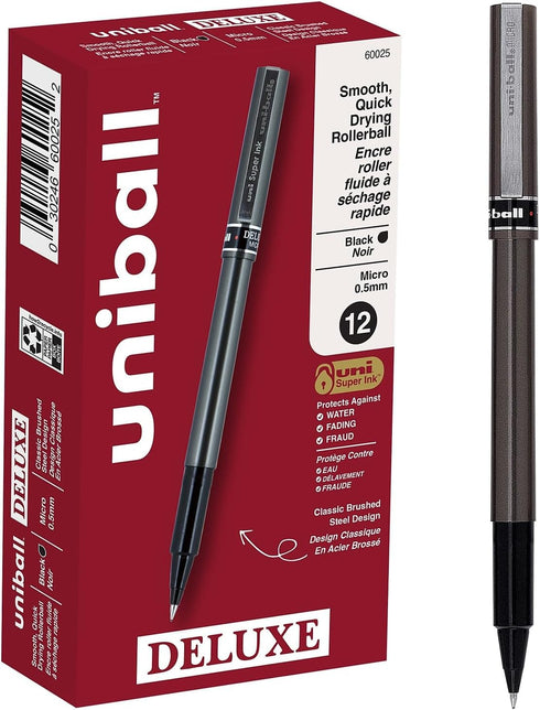 Uni-ball 60025 Deluxe Stick Roller Ball Pen, Micro 0.5mm, Black Ink, Metallic Gray Barrel, Dozen