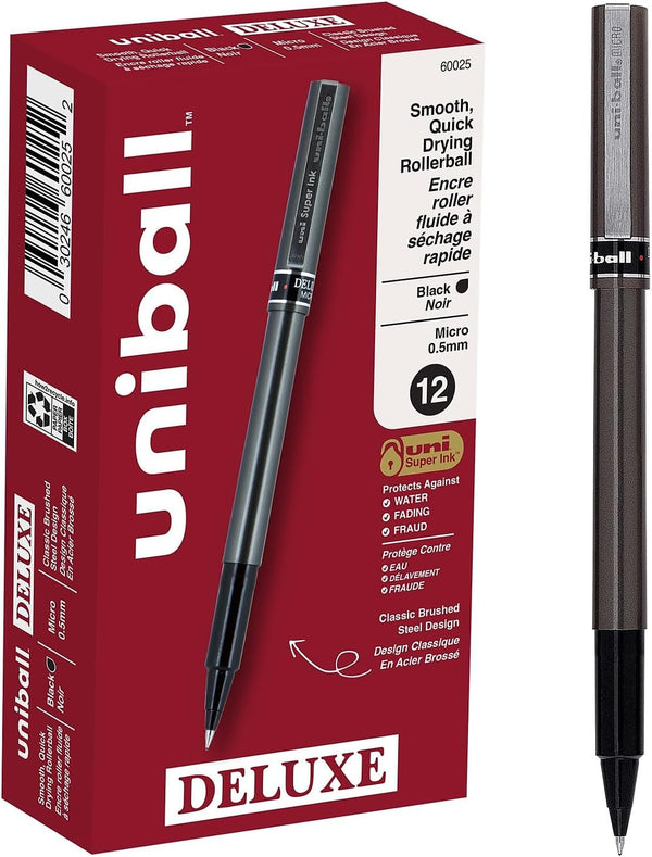 Uni-ball 60025 Deluxe Stick Roller Ball Pen, Micro 0.5mm, Black Ink, Metallic Gray Barrel, Dozen