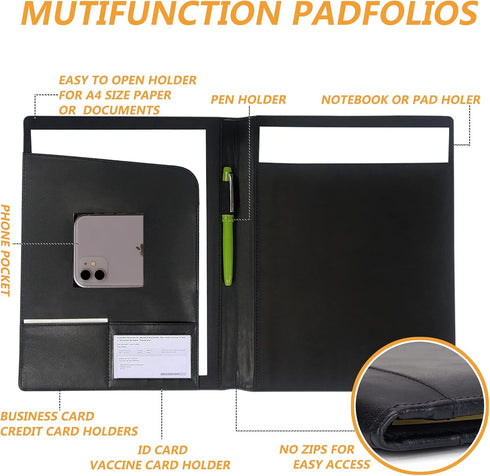 Leather Portfolio Folder Padfolio, Business Organizer Document Planner Portfolio Binder Storage Pocket for Legal Pad