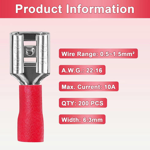 200 Pcs Red Female Quick Disconnects, Vinyl Insulated Spade Wire Connectors, 22-16 AWG