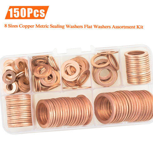 Copper Washers - 150PCS Assortment Kit with 8 Sizes Copper Metric Sealing Flat Washers