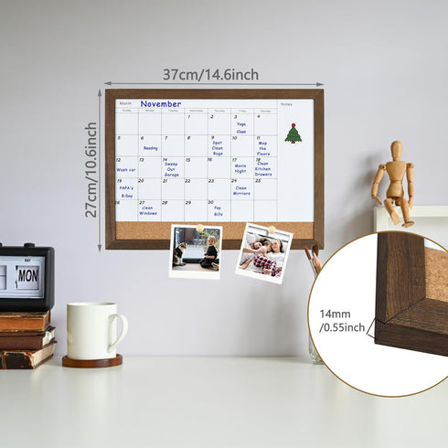 Whiteboard Calendar & Corkboard, 10.5" x 14.5", Rustic Brown Framed Combination Dry Erase White Board & Bulletin Board