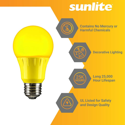 Sunlite 80144 LED A19 Colored Light Bulb, 3 Watts (25W Equivalent), E26 Base, Non-Dimmable, Yellow, 1 Count