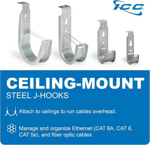 ICC Ceiling Mount J-Hook Without Retainer Clip for Structured Cabling, Galvanized Steel, 25-Pack