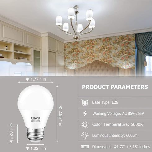 Cotanic 8 Pack Ceiling Fan Light Bulb 5000K Daylight, E26 Base A15 LED Bulb 60W Equivalent, 6W Small Light Bulb for Refrigertaor, Chandelier Light Bulb, 600lm, Non-Dimmable by Cotanic