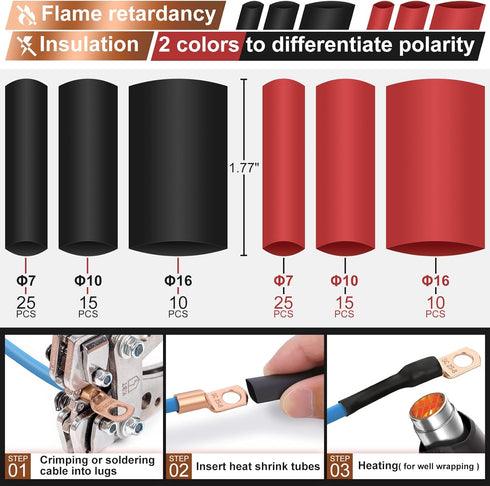 200pcs Battery Cable Ends, Copper Wire Lugs AWG 2-10 Gauge with Heat Shrink Assortment Kit