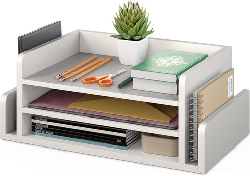 Ballucci 3-Tier Desk Organizer with 2 Side Mail Sorter Slots, Open Top Paper Organizer, Wood Letter Tray for Desktop