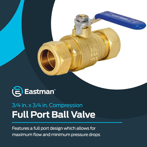Eastman 3/4 Inch Compression Full Port Ball Valve, Brass Plumbing Fitting, 20097LF