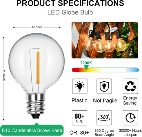 25 Pack G40 LED Light Bulbs Replacement for Outdoor String Lights, E12 Candelabra Base Bulbs, G40 Plastic Shatterproof Globe Outdoor Lights Bulbs, 0.6W Equivalent 5W, 2700K Warm White, Dimmable by GOOTHY