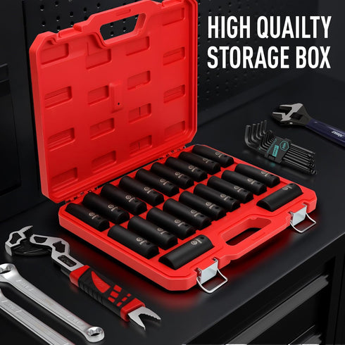 20PCS 1/2" Set, 13/16"-3/8" 10-24mm, 6-Point 1/2 Inches Set,Rugged DISEN Impact Socket Deep Sockets SAE & Metric Cr-V