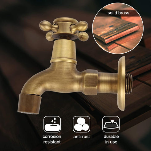Wall Mounted Faucet, Vintage Solid Brass Single Cold Antique Lever Handle Water Tap for Kitchen Sink Laundry Utility