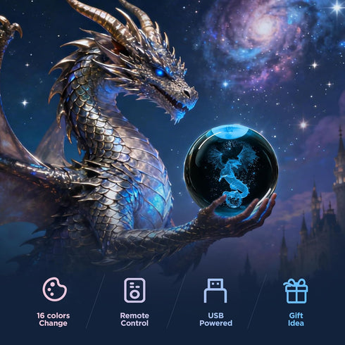 Vuebkkry 3D 16 3.15in Dragon Crystal Ball Night Light with Colors, Larger Dragon Statue Figurines Glass Decor Lamp