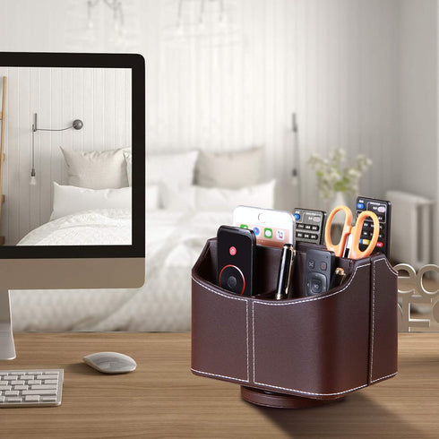YAPISHI 360 Degree Spinning Leather Remote Control Holder, Desk Caddy/Box, Coffee Table Organizer for Media, Calculator