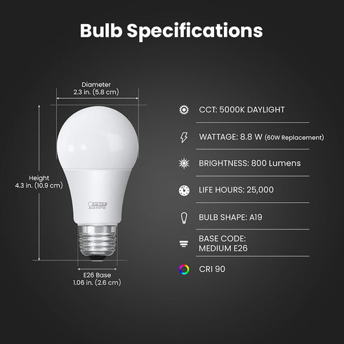 Feit Electric A19 LED Light Bulbs, 60W Equivalent, Dimmable, 800 Lumens, 5000K Daylight, 8 Pack