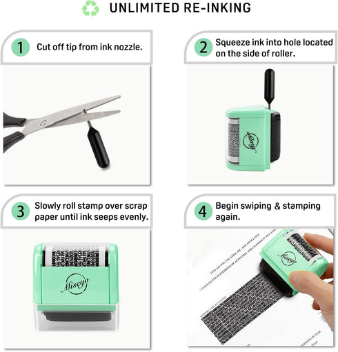 Miseyo Identity Theft Protection Roller Stamp Set - Mint Green, Includes 3 Refill Inks
