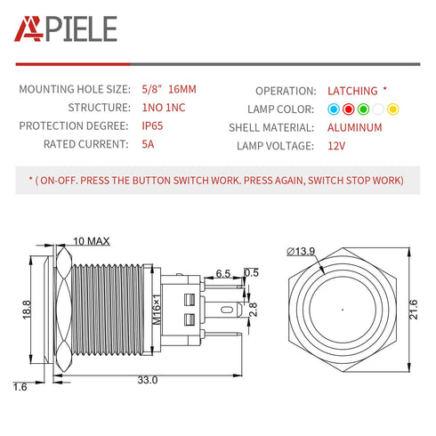 APIELE 16mm Latching Push Button Switch, 12V DC On Off Black Shell with LED Angel Eye for 0.63" Mounting Hole
