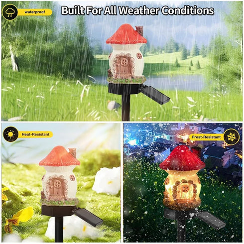 YZYOE Solar Powered Red Mushroom House Lamp, Garden Decoration Resin Cute Mushroom House Floor Lamp Wireless Dusk