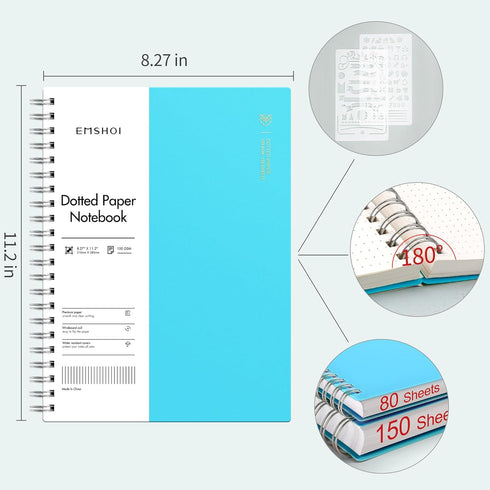 EMSHOI A4 Spiral Notebook - Bullet Dotted Journal, 11.2" X 8.27", 300 Pages, 100gsm Dot Grid Paper, Waterproof Softcover