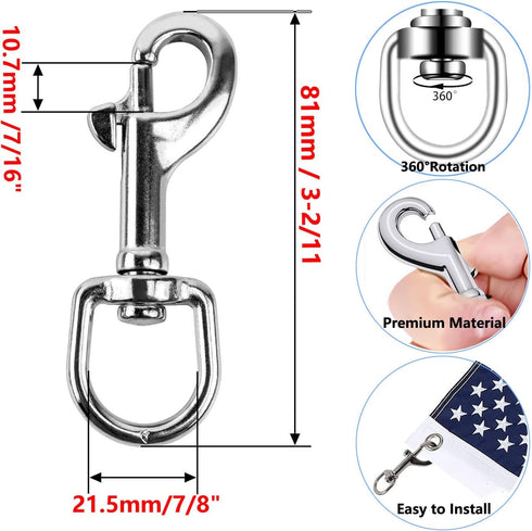 4PCS Flag Swivel Snap Clips Stainless Steel Flag Snaps Hooks Heavy Duty Metal Flagpole Accessories Eye Bolt Clips for Pet Leash, Key Chain, Leather Craft (Silver Clip)