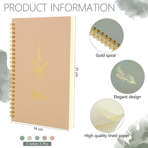 Gueevin 5 Pack Aesthetic Spiral Notebook, A5 College Ruled 160 Pages Notebooks for School