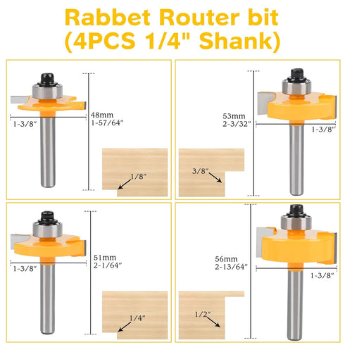 yqlbgprj Set 6 1/4-Inch 4Pcs (1/8"3/8" 1/2" 1/2" 1/4" Rabbeting Router Bit with Bearings, Shank, Bits to Height)