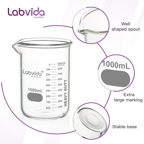 Heavy Duty Glass Beakers Set of 2 pcs, 1000ml Thick-Walled, 3.3 Boro Griffin Low Form for Laboratories and Schools